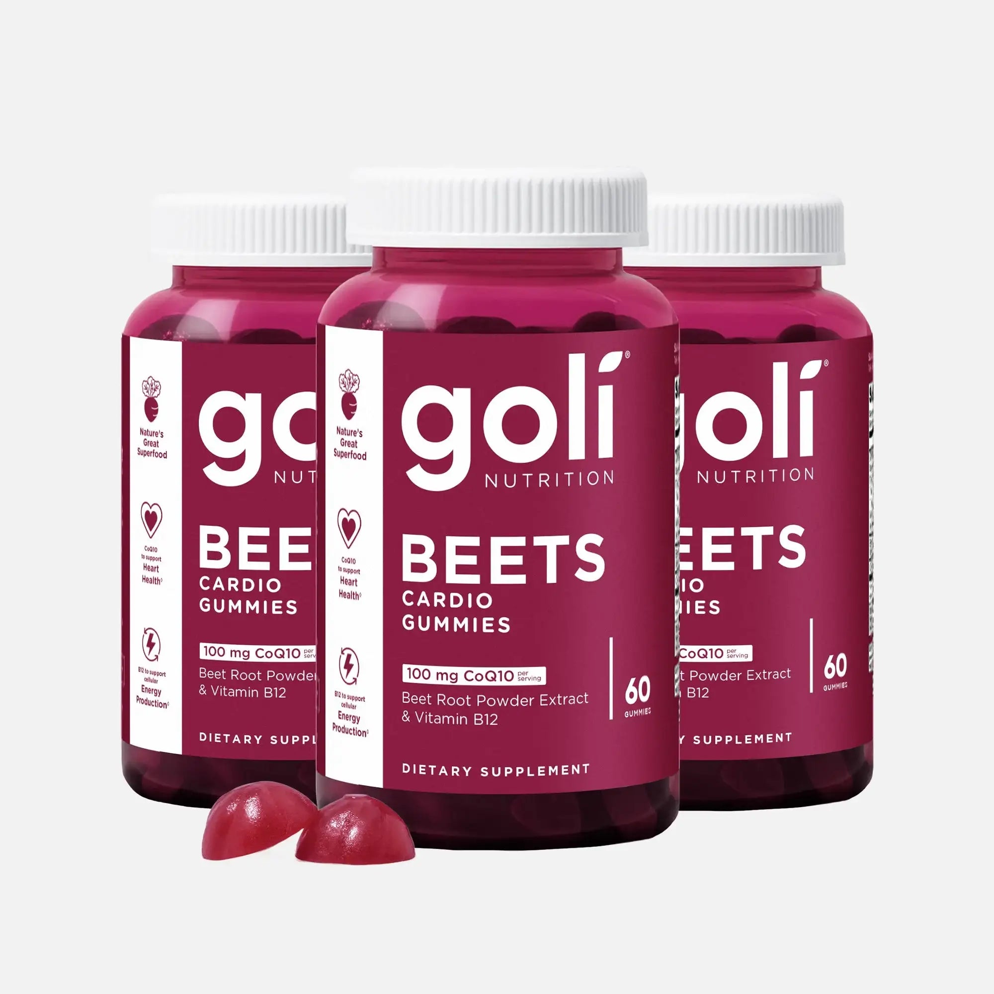 3 Bottles of Goli Beets Cardio Gummies - 100mg CoQ10 + Vitamin B12 - Heart, Energy & Stress Support - Vegan, Gluten-Free, Non-GMO - HSA/FSA Eligible