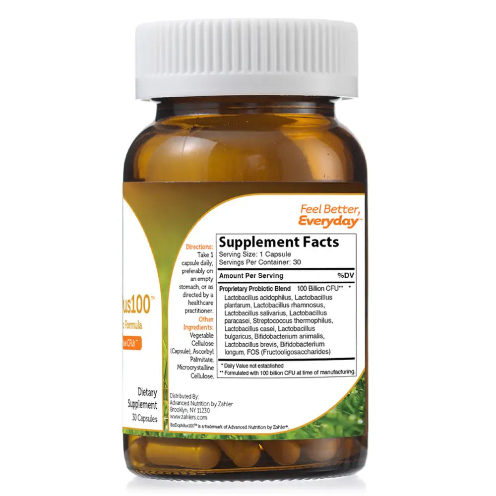 Zahler BioDophilus100 Probiotic - 100 Billion CFUs - 11 Strains for Gut & Immune Support - 30 Capsules - HSA/FSA Eligible