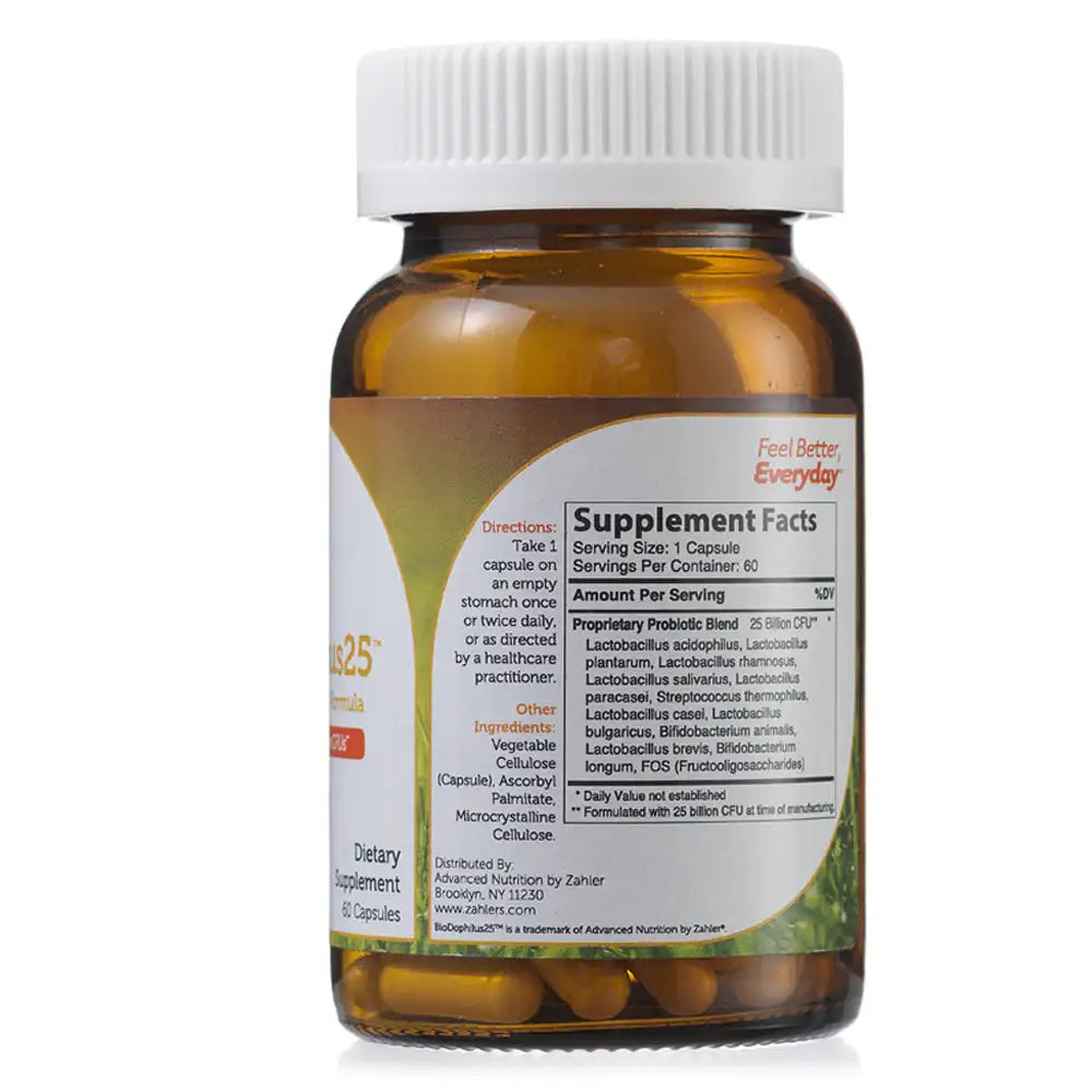 Zahler BioDophilus25 Probiotic - 25 Billion CFUs - 11 Strains for Digestive & Gut Flora Support - 60/120 Capsules - HSA/FSA Eligible