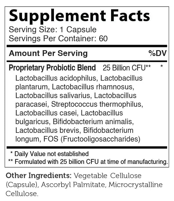 Zahler BioDophilus25 Probiotic - 25 Billion CFUs - 11 Strains for Digestive & Gut Flora Support - 60/120 Capsules - HSA/FSA Eligible