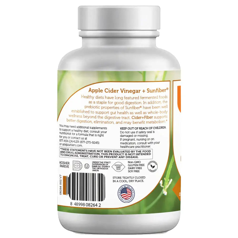Zahler Apple Cider Vinegar with the Mother + Sunfiber, 500mg ACV & Prebiotics, Digestive & Metabolic Support, 60 Capsules - HSA/FSA Eligible