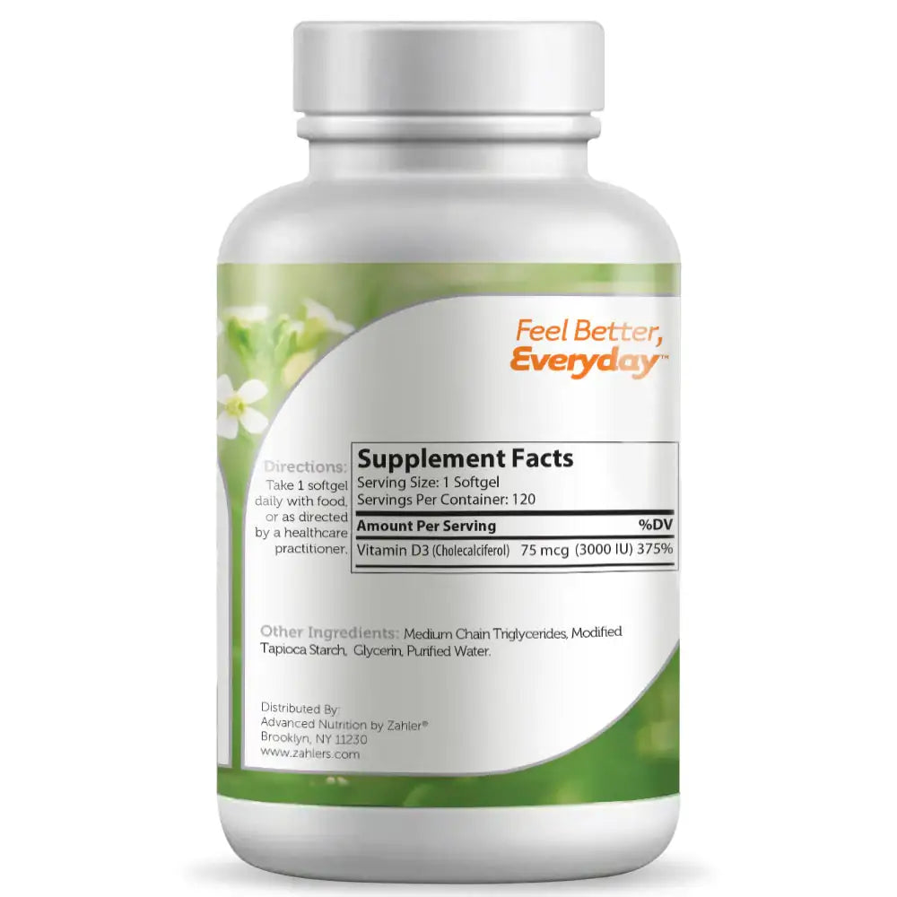 Zahler Vitamin D3 3000 IU Softgels 120 and 250 Count - High Potency Bone and Immune Support - Easy-to-Swallow - HSA/FSA Eligible