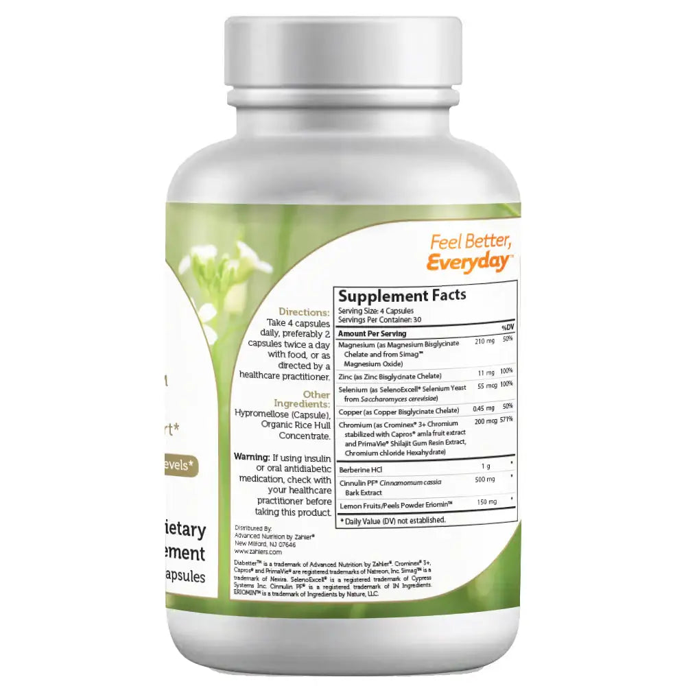 Zahler Diabetter - Glucose Support with Berberine, Cinnamon, Chromium & Zinc - Helps Maintain Blood Sugar - 120 Capsules - HSA/FSA Eligible