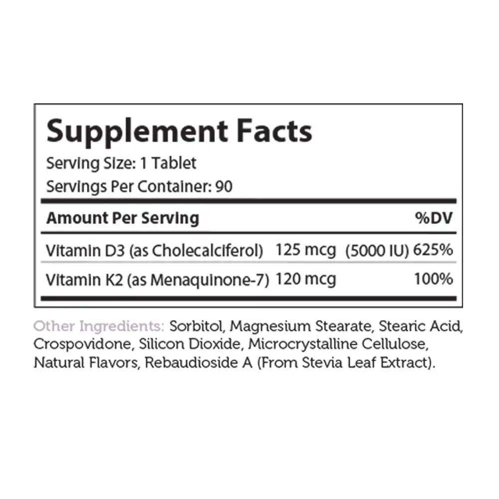 Zahler Vitamin D3 + K2 Chewable Tablets - 5000 IU D3 & 120 mcg K2 for Bone Density, Calcium Absorption & Immune Support - 90 Count - HSA/FSA Eligible