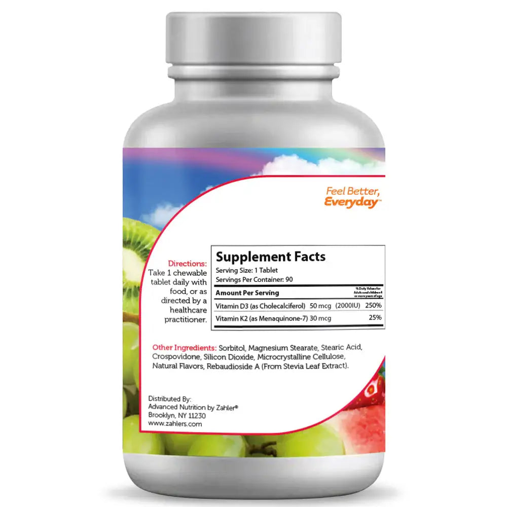 Zahler Junior D3 & K2 - Children's Bone & Immune Support - 2000 IU  D3 + 30 mcg K2 - Peach Apricot Chewable Tablets - 90 Count - HSA/FSA Eligible