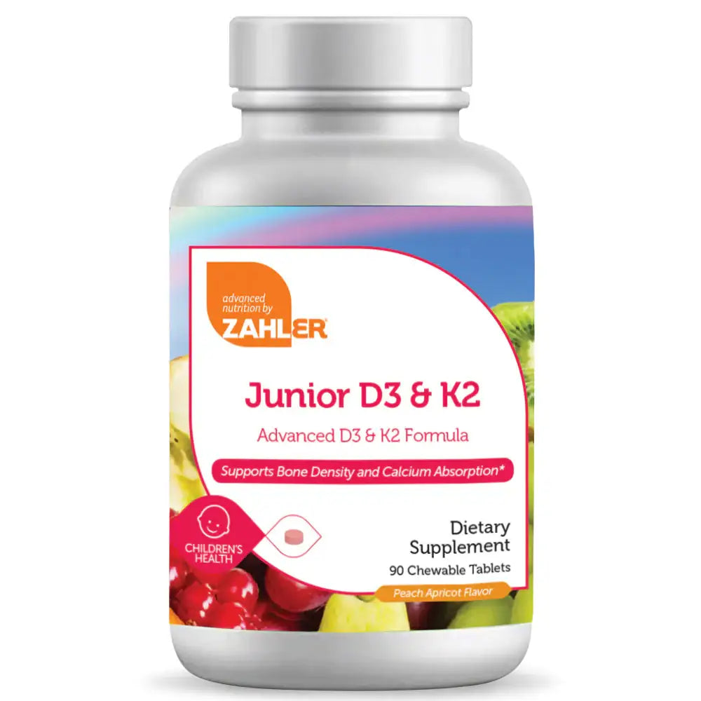 Zahler Junior D3 & K2 - Children's Bone & Immune Support - 2000 IU  D3 + 30 mcg K2 - Peach Apricot Chewable Tablets - 90 Count - HSA/FSA Eligible