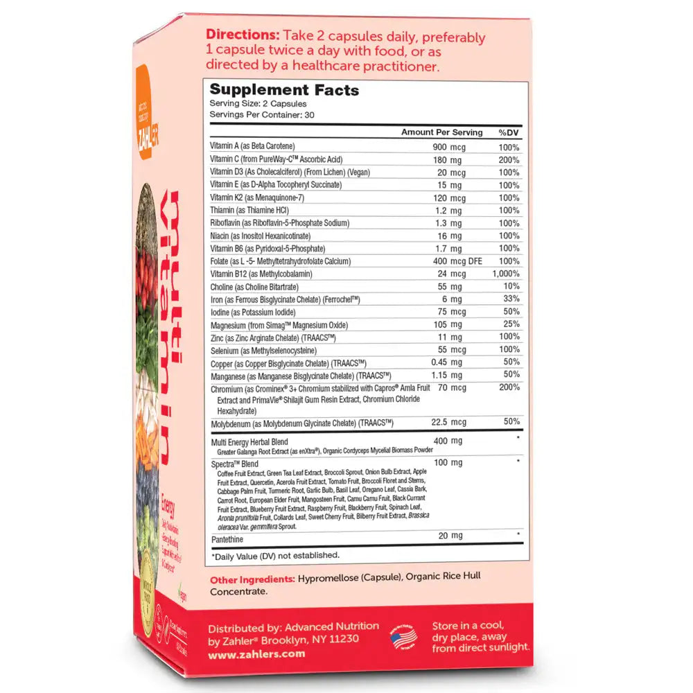 Zahler - Multivitamin Energy with enXtra and Cordyceps - Vegan Daily Energy Support + Whole Food Base - HSA/FSA Eligible - 60 Capsules