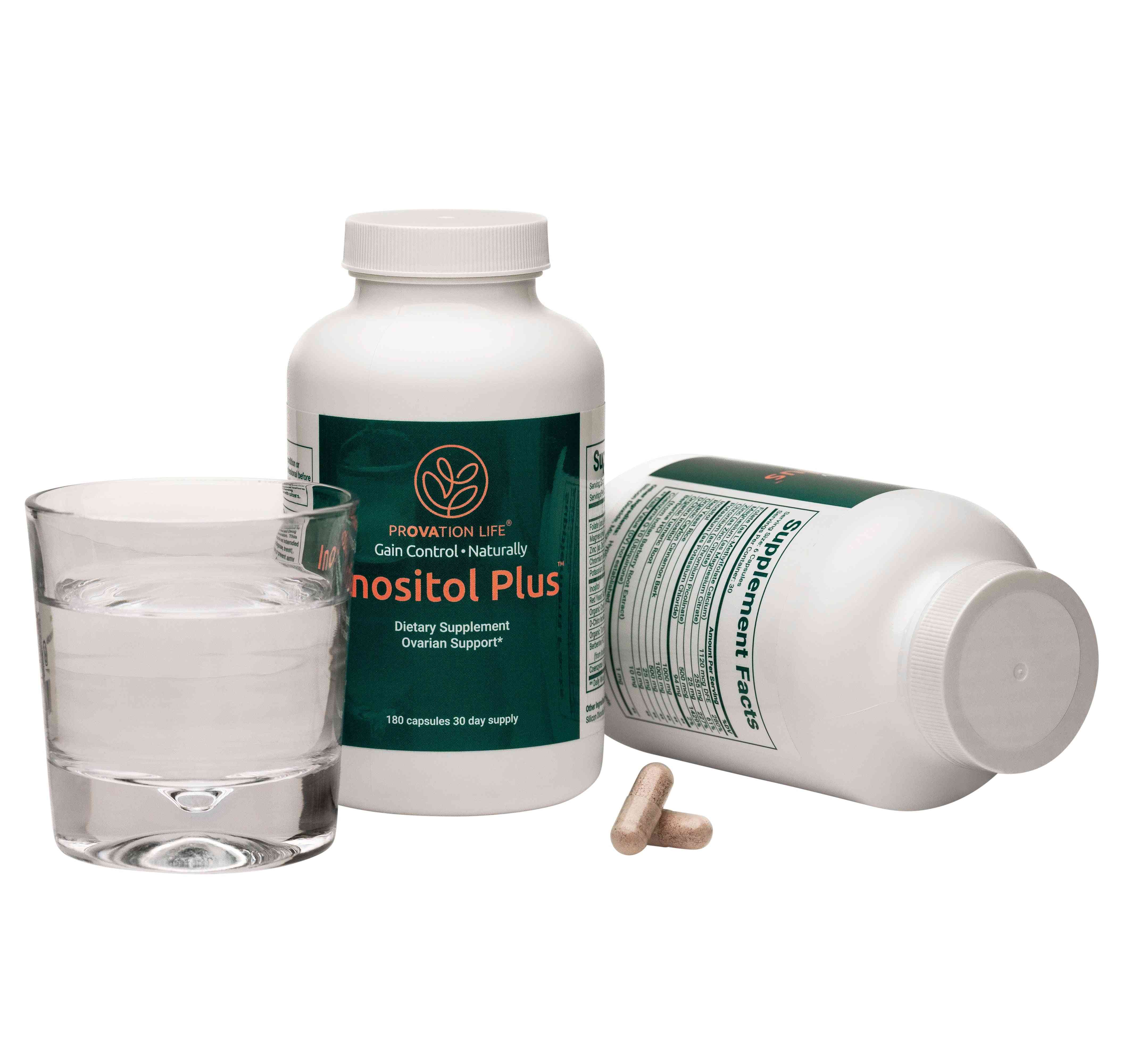 Inositol Plus Capsules to Support Fertility and Ovulation by Provation Life, 30-day supply bottle with supplement facts and capsules shown.