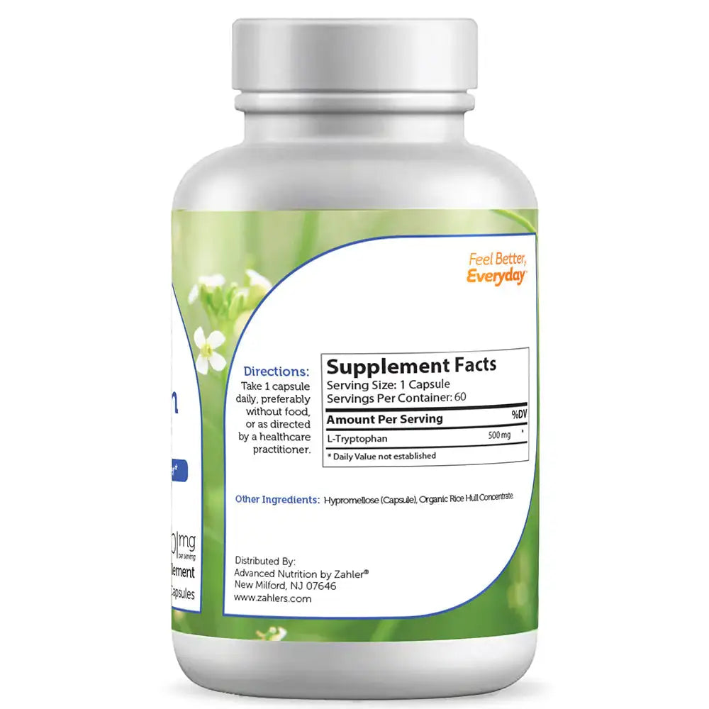 Zahler L-Tryptophan - 500mg Purified Amino Acid for Mood, Sleep & Serotonin Support - 60 Capsules - HSA/FSA Eligible
