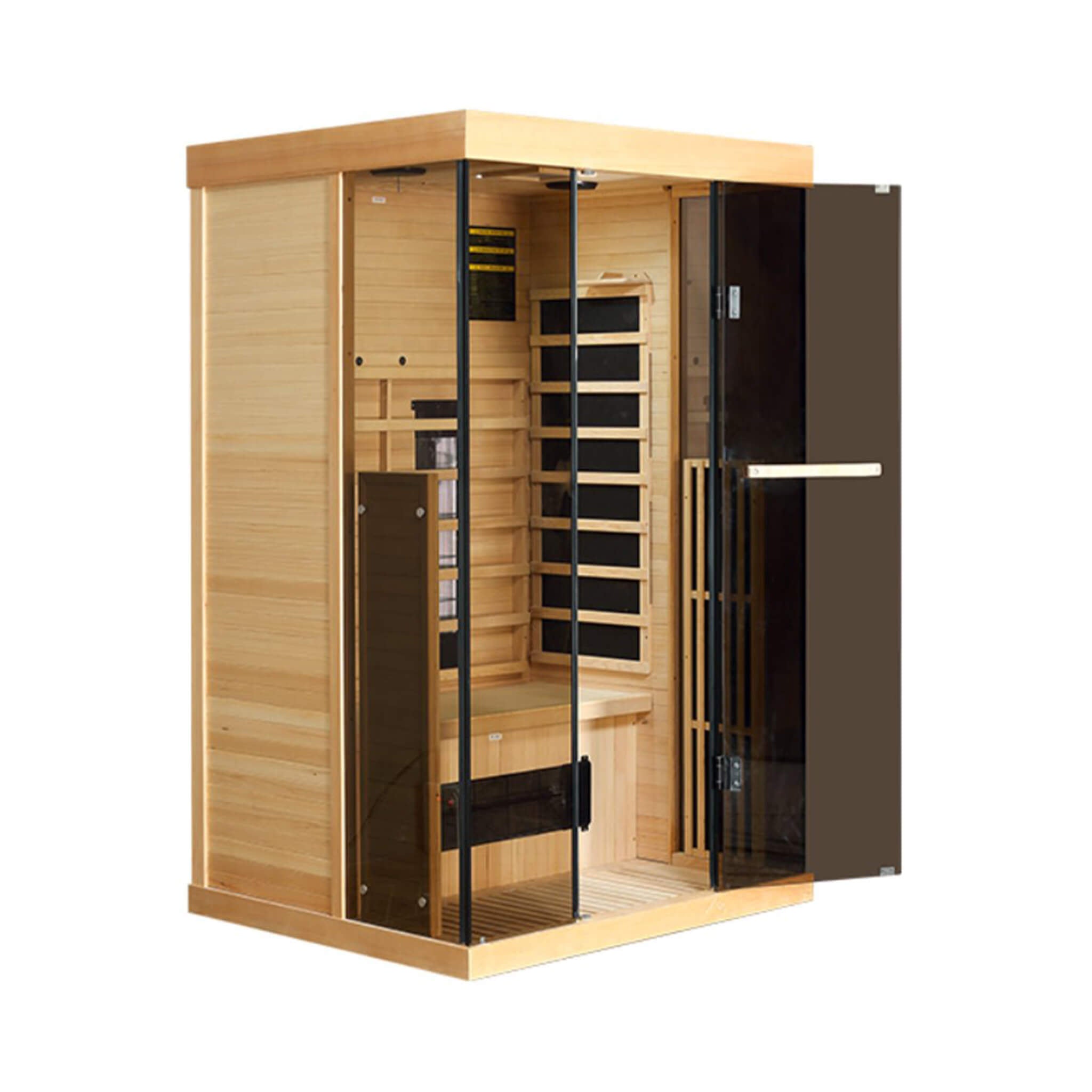 Luxury 2-Person Low EMF FAR Infrared Heat Wood Home Personal Spa Sauna W/ Panoramic Tempered Glass, 2000W (SAK27481)