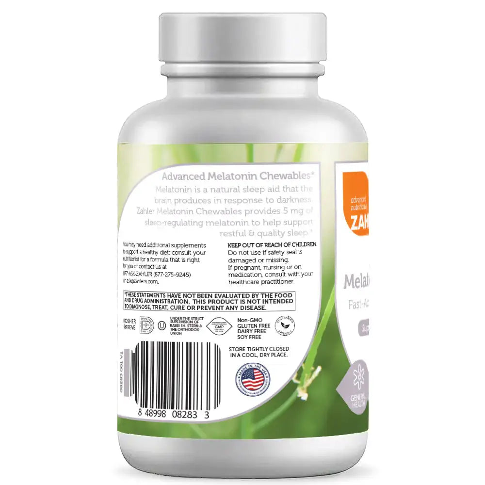 Zahler Melatonin Chewables 5mg - Fast-Acting Sleep Support - Orange Flavor - 60 or 120 Tablets - HSA/FSA Eligible