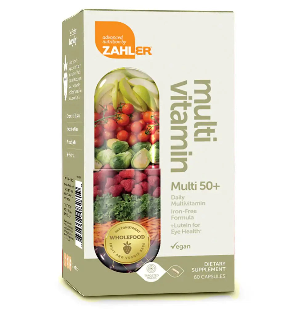 Zahler Multivitamin 50+ with Lutein & Wholefood Blend - Vegan Daily Vitamin for Eye & Immune Support - Iron-Free - HSA/FSA Eligible - 60 Caps
