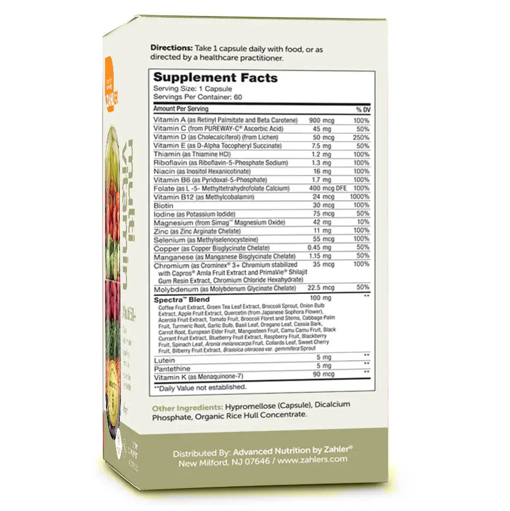 Zahler Multivitamin 50+ with Lutein & Wholefood Blend - Vegan Daily Vitamin for Eye & Immune Support - Iron-Free - HSA/FSA Eligible - 60 Caps