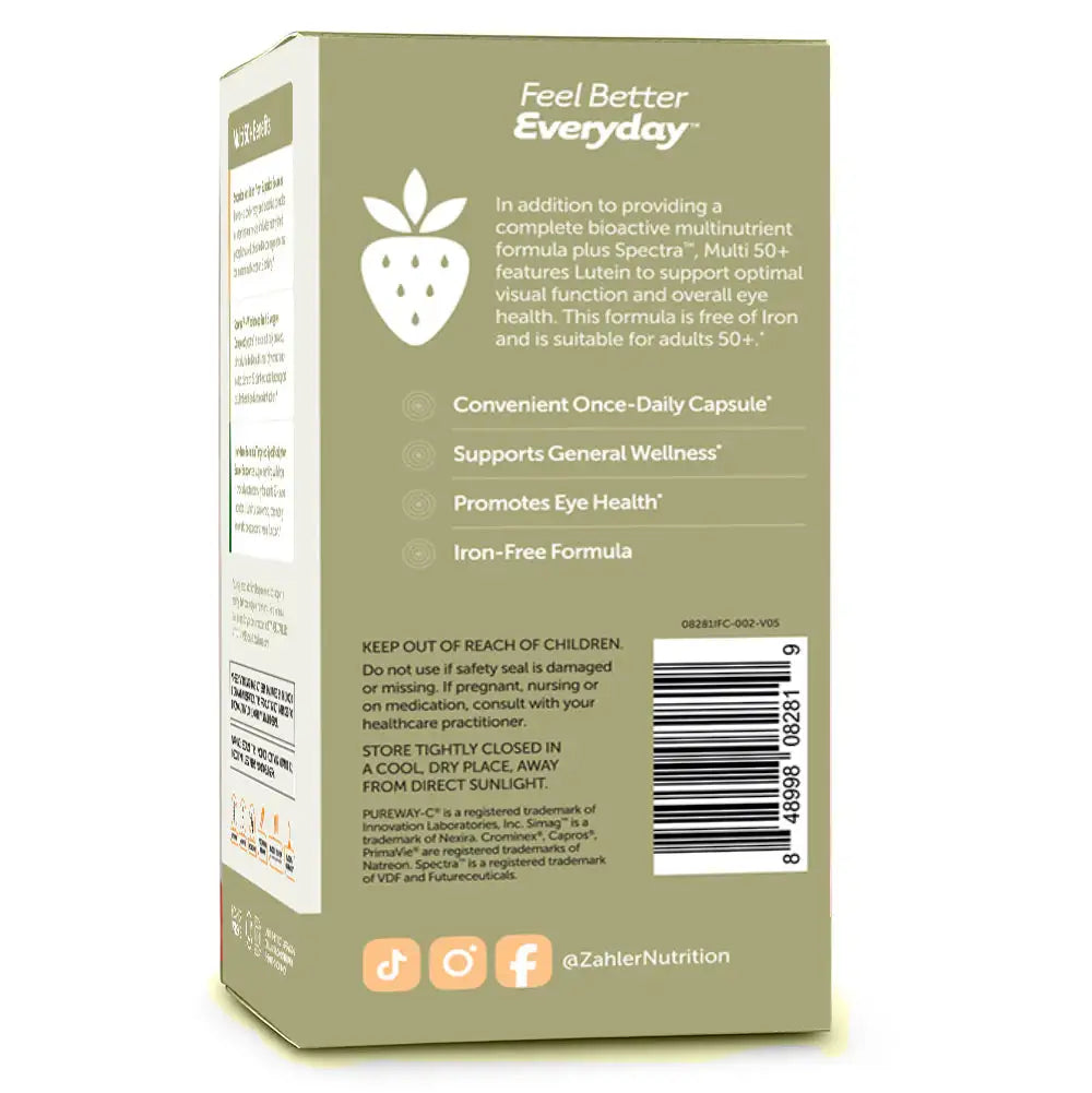 Zahler Multivitamin 50+ with Lutein & Wholefood Blend - Vegan Daily Vitamin for Eye & Immune Support - Iron-Free - HSA/FSA Eligible - 60 Caps