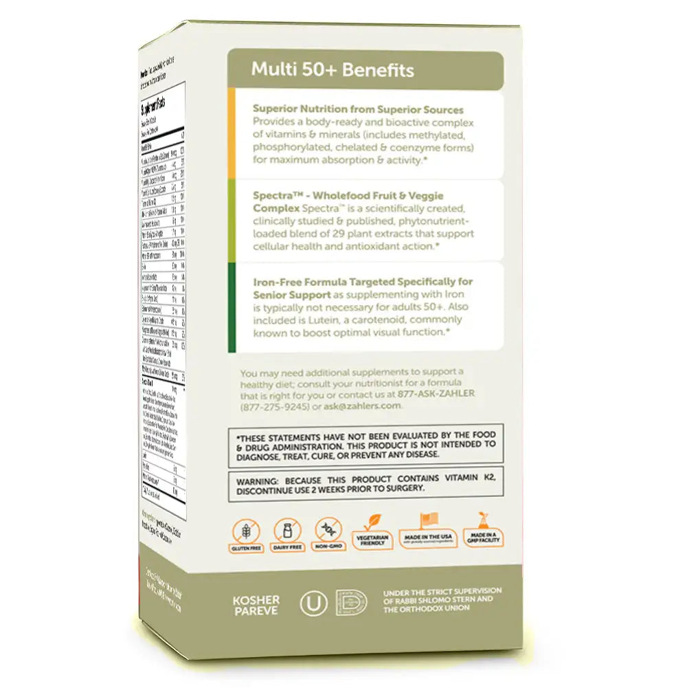 Zahler Multivitamin 50+ with Lutein & Wholefood Blend - Vegan Daily Vitamin for Eye & Immune Support - Iron-Free - HSA/FSA Eligible - 60 Caps