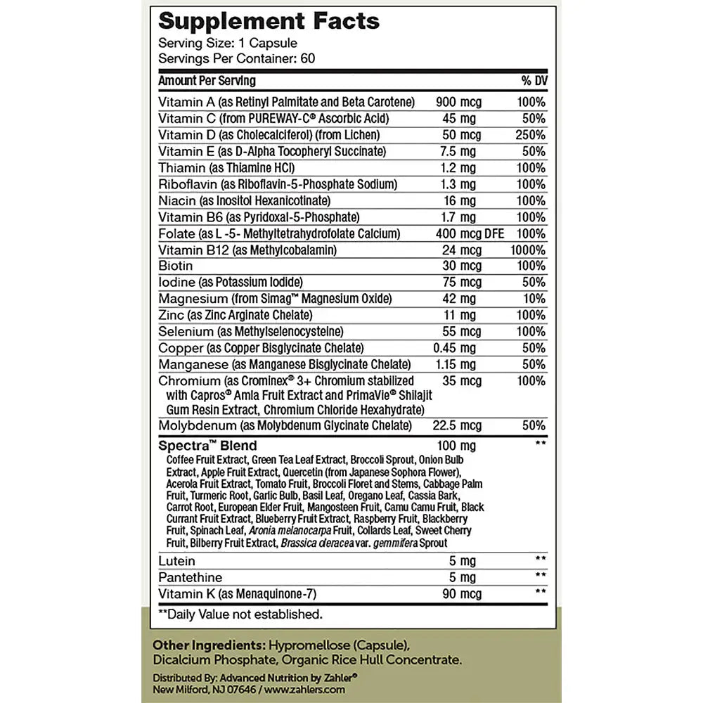 Zahler Multivitamin 50+ with Lutein & Wholefood Blend - Vegan Daily Vitamin for Eye & Immune Support - Iron-Free - HSA/FSA Eligible - 60 Caps