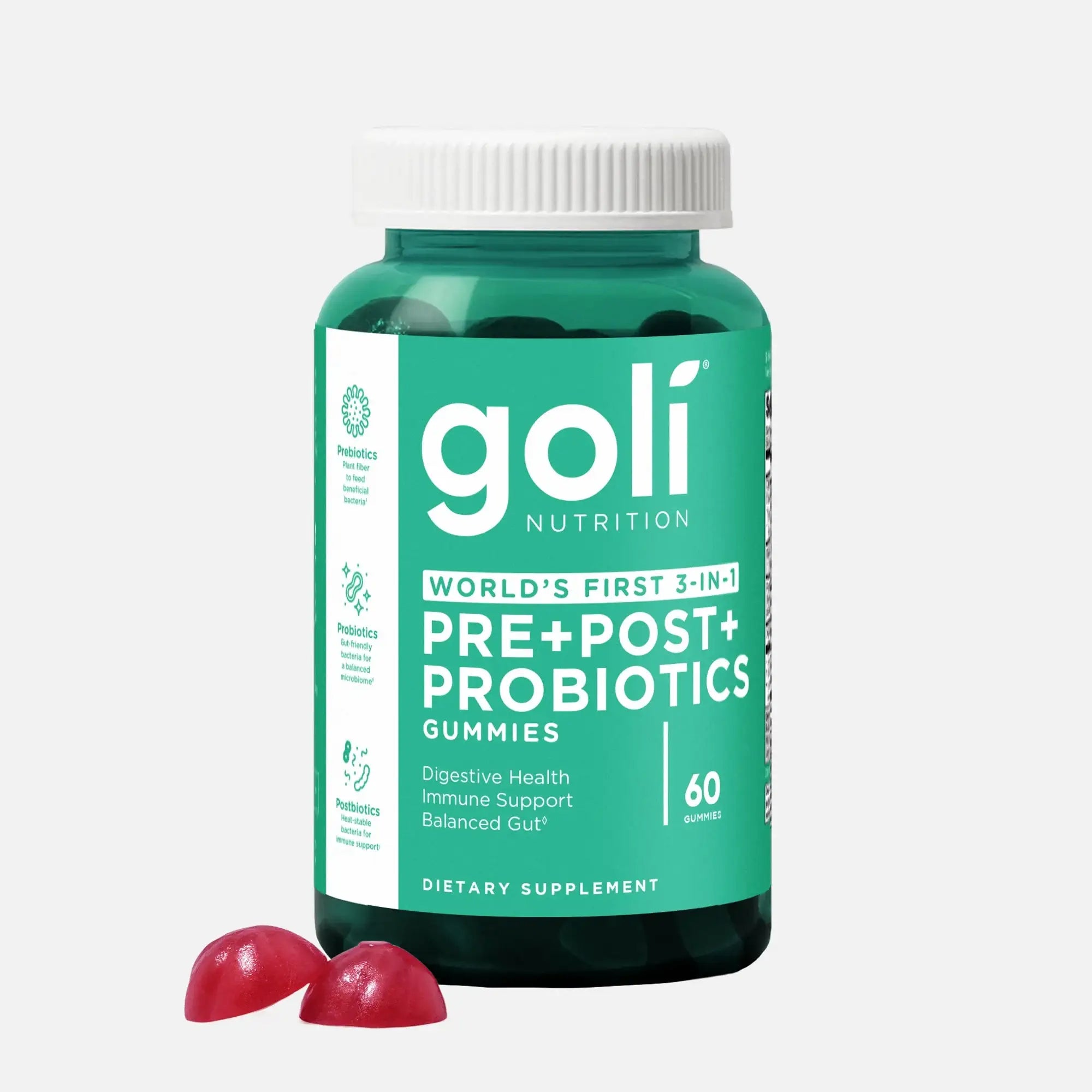 1 Bottle of Goli Nutritional Supplement, Pre+Post+Probiotics Gummy - 60 Count - World's First 3-in-1 Gluten-Free, Vegan, Non-GMO, and Gelatin-Free.