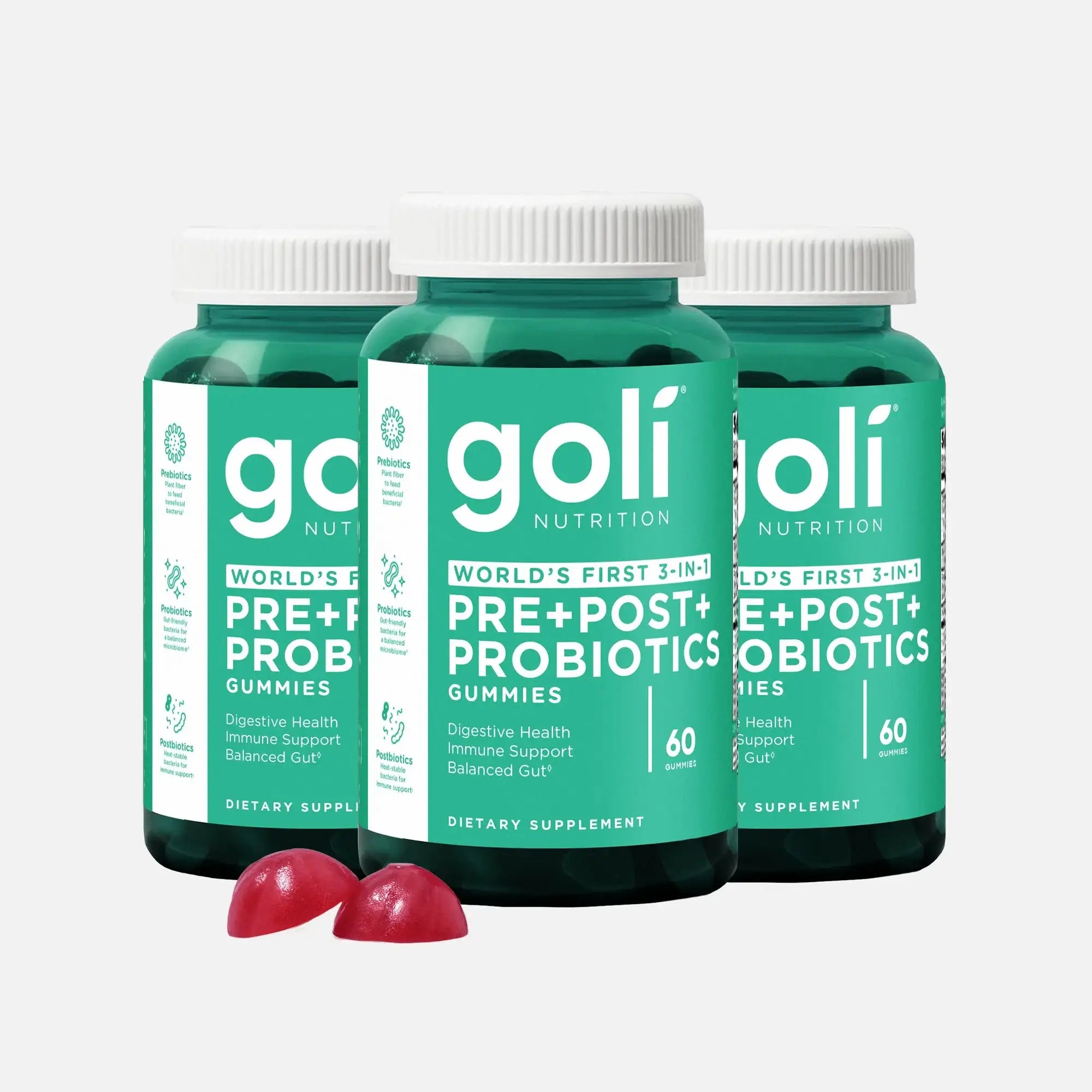 3 Bottles of Goli Nutritional Supplement, Pre+Post+Probiotics Gummy - 60 Count - World's First 3-in-1 Gluten-Free, Vegan, Non-GMO, and Gelatin-Free.