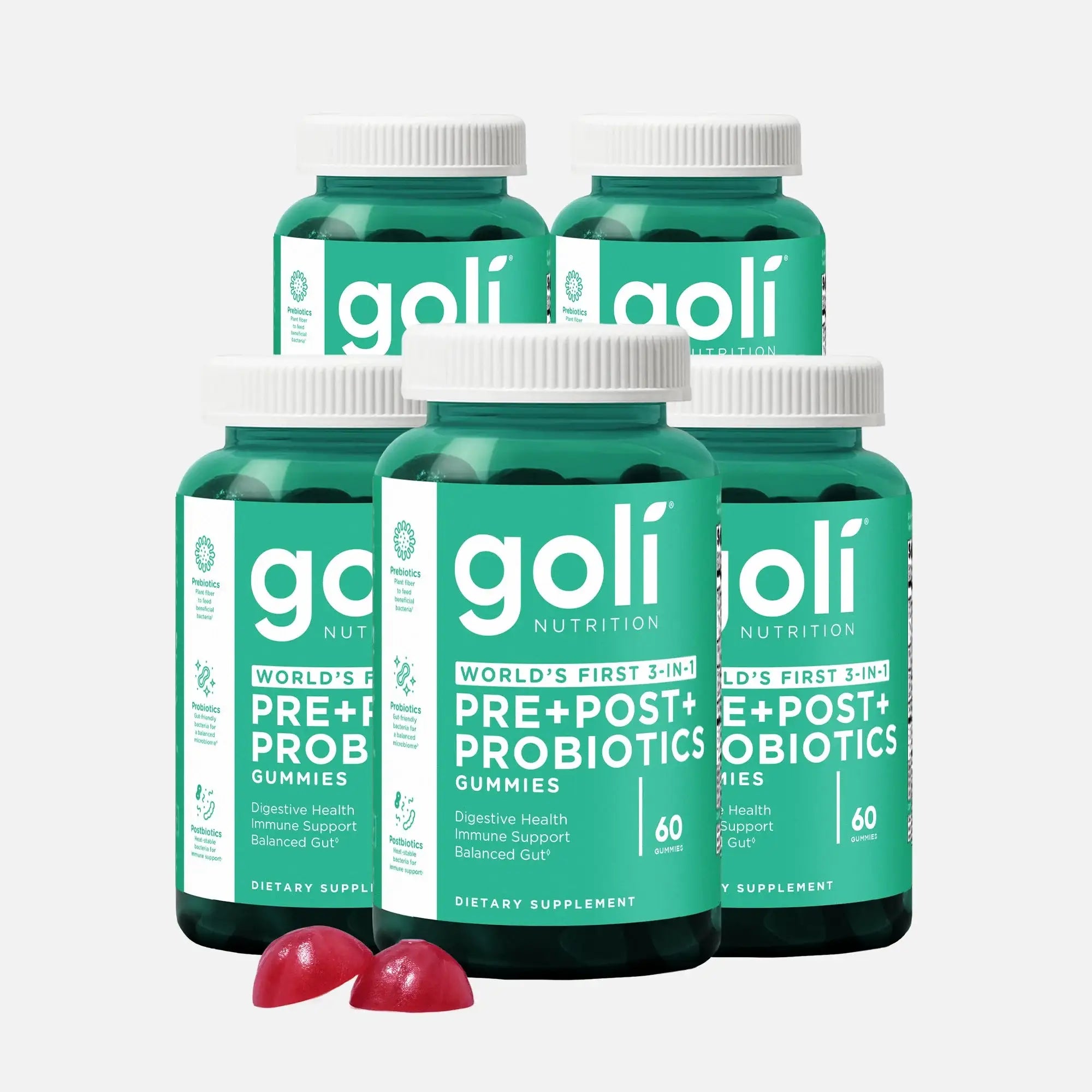 5 Bottles of Goli Nutritional Supplement, Pre+Post+Probiotics Gummy - 60 Count - World's First 3-in-1 Gluten-Free, Vegan, Non-GMO, and Gelatin-Free.