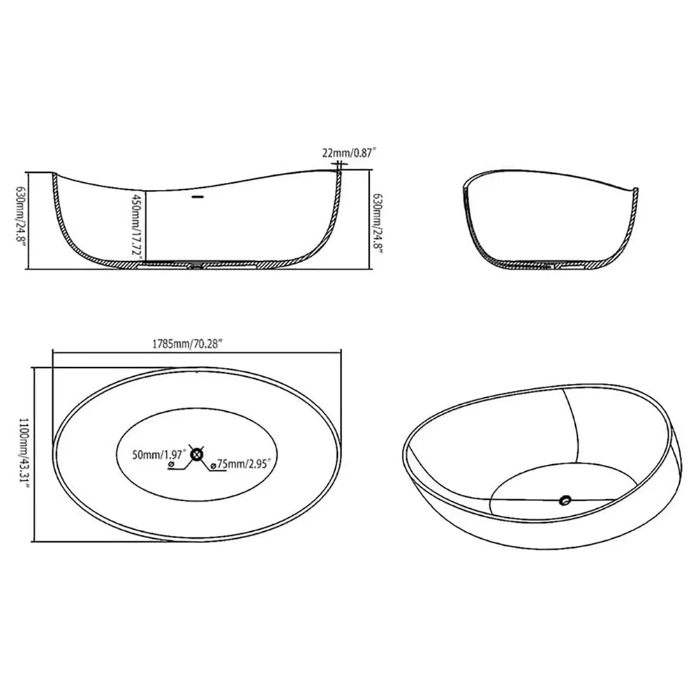 WBT Premium Freestanding Extra Large Oval Stone Besin Soaking Bathtub, 71" (SAK80751)