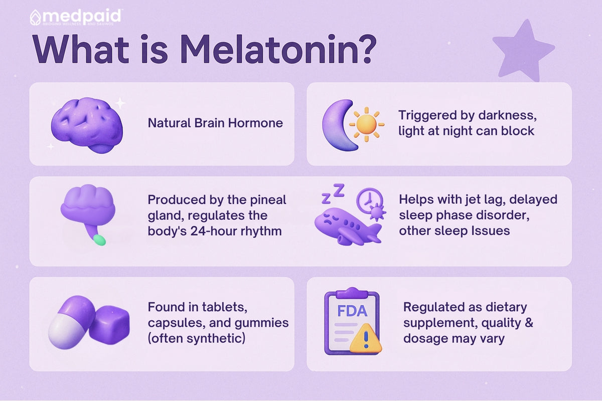 What is melatonin? Medpaid infographic explaining the sleep hormone: produced by the pineal gland, triggered by darkness and blocked by light, regulates the 24-hour rhythm, may help jet lag/DSPS; available as tablets, capsules, gummies; supplement quality and dose vary.