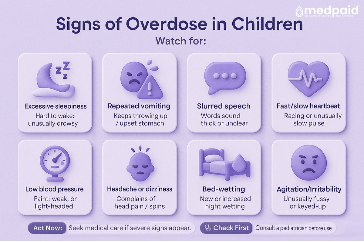 Signs of overdose in children (melatonin gummies): watch for excessive sleepiness, repeated vomiting, slurred speech, fast or slow heartbeat, low blood pressure with faintness, headache or dizziness, new night bed-wetting, and agitation/irritability seek medical care and consult a pediatrician.