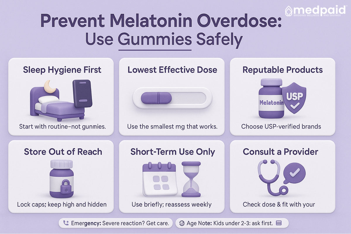 Prevent Melatonin Overdose, Use Gummies Safely (Medpaid): focus on sleep hygiene, begin with the lowest effective dose, choose reputable USP-verified products, keep bottles locked and out of children’s reach, use only short-term and reassess, and consult a healthcare provider about dose and interactions; in emergencies seek care children under 2–3, ask first.