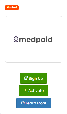 Medpaid gateway tile in Checkout Champ with Sign Up, Activate, and Learn More buttons