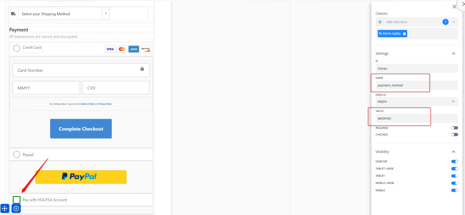 Checkout page with a Pay with HSA/FSA Account radio button, and the settings panel with Name set to payment_method and Value set to MEDPAID