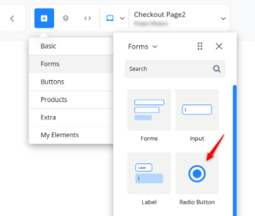 Checkout page builder Blocks menu with the Radio Button element highlighted under Forms