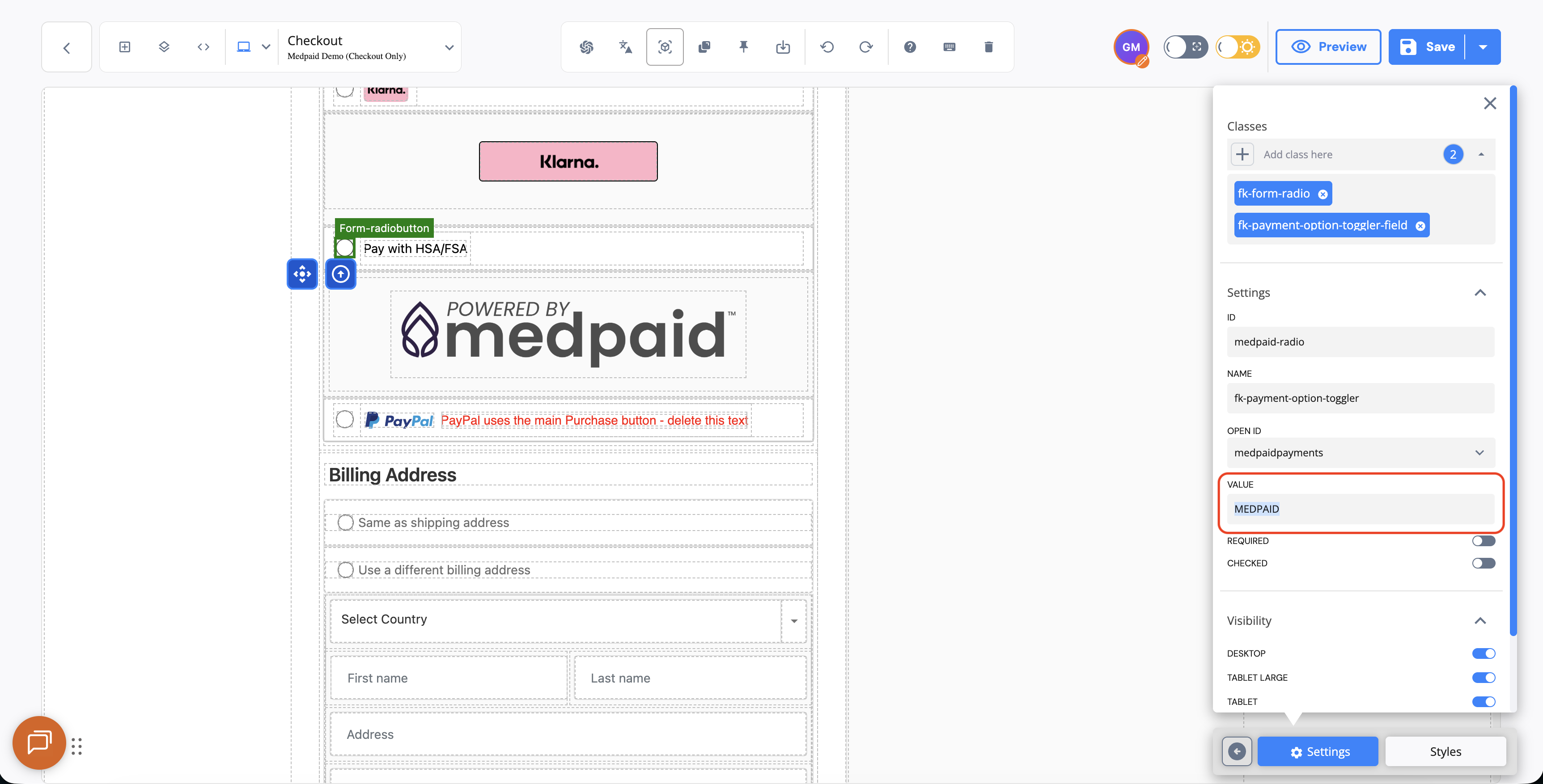Live Checkout Champ page builder showing a Pay with HSA/FSA radio button with Name set to fk-payment-option-toggler and Value set to MEDPAID