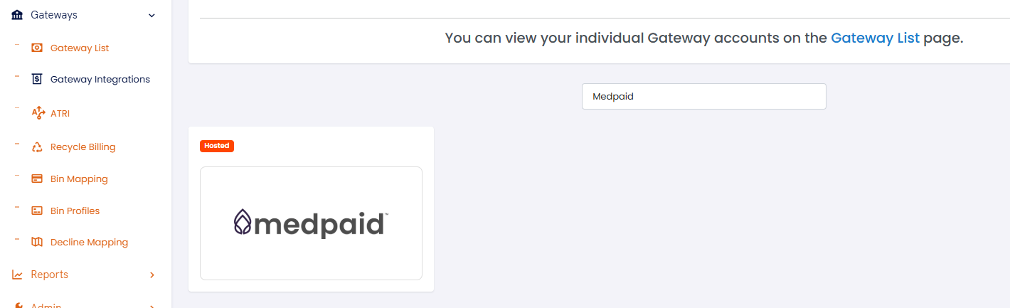 Checkout Champ Gateways sidebar with Gateway Integrations selected, and the Medpaid tile found by searching