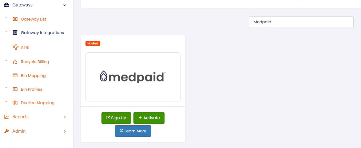 Checkout Champ Gateways sidebar with the Medpaid tile and its Sign Up, Activate, and Learn More buttons